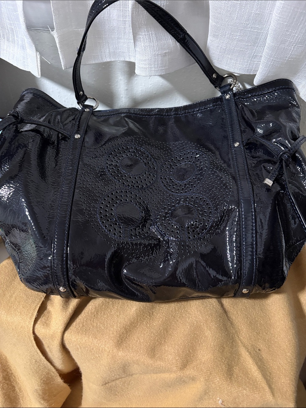 Patent Black Perforated Shoulder Bag